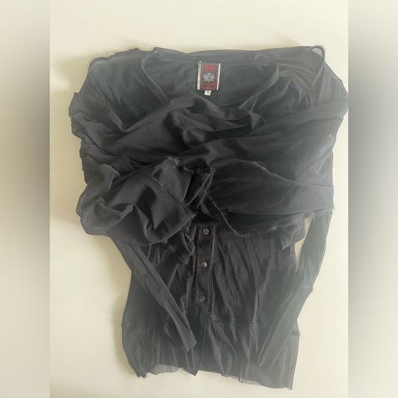 Jean Paul Gaultier mesh button front top wool trimming attached scarf 1990s SM - Picture 13 of 16